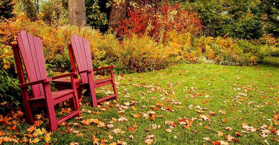Two red wooden lawn chairs with small table in a fall setting.