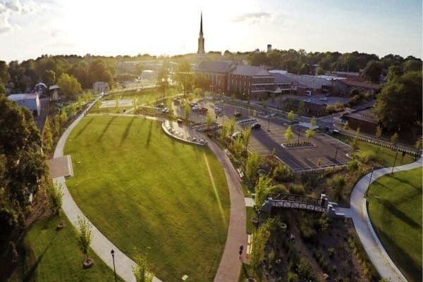Stunning aerial photo of Lawrenceville, GA's city hall.