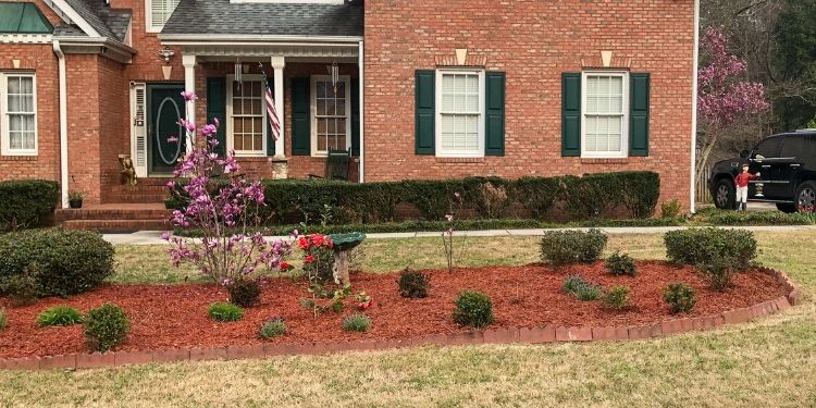 Large red mulch landscape bed with a bird bath shrubs and roses in front of red brick house with green shutters.